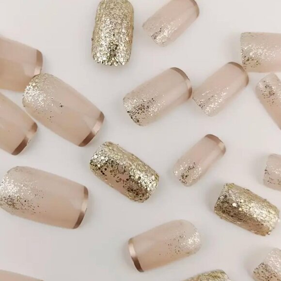 New 24pc Pink Glitter & Gold Lined False Glossy Mid-Length Nails - Picture 2 of 7